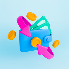 Cashback and money refund 3d icon. Realistic wallet with banknote inside and gold coins and pink arrows around. Cashback, money or cash refund concept. Vector sign of money transfer and online payment