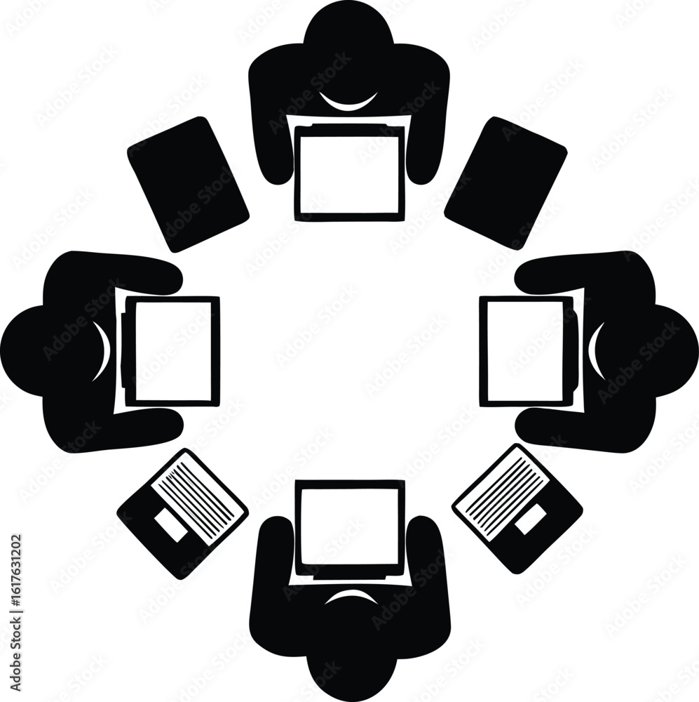 Poster black silhouette design representing a business team collaborating around a table in a meeting setti