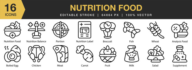 Nutrition Food icon set. Editable Stroke Icon Collection. Includes food, nutrition, diet, healthy, organic, and More. Outline icons vector collection.