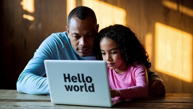 A father and daughter are focused on a laptop screen as they engage in learning about artificial intelligence together.
