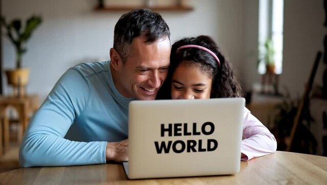 A father and daughter happily share a moment of learning and discovery while looking at a laptop displaying "HELLO WORLD".