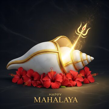 Sacred shankha with trident and red flowers for mahalaya