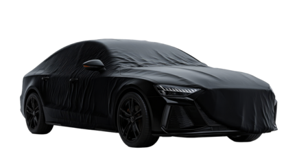 Sleek, black car shrouded in a dark cloth