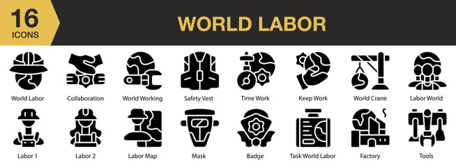 World Labor solid icon set. Includes labour, national, construction, industry, job, and More. Solid icons vector collection.