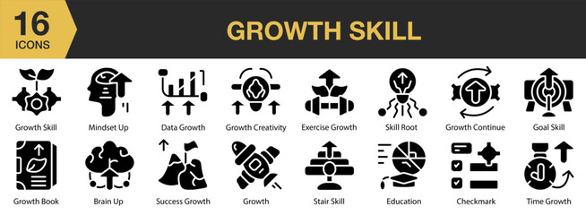 Growth Skill solid icon set. Includes skill, strategy, improvement, achievement, leadership, and More. Solid icons vector collection.