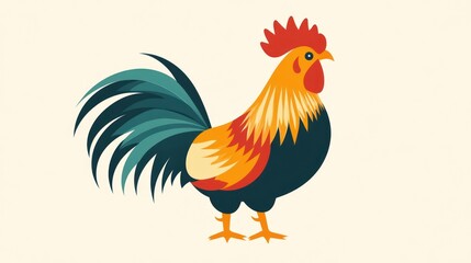 Fototapeta premium Colorful rooster illustration, front view, neutral background, ideal for children's books, educational materials