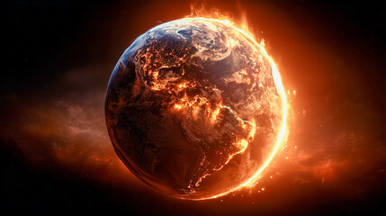 Planet Earth engulfed in flames, floating in dark space. Symbolizing global crisis.