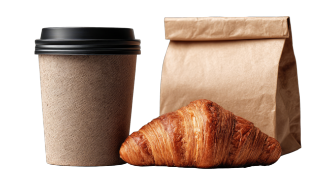 Coffee cup, paper bag, and croissant (1)