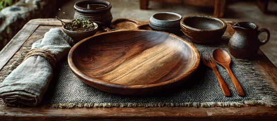 Cozy dining setup featuring a large wooden plate centered on a rustic wooden table with a soft cloth, spoon, fork, and a small bowl nearby.