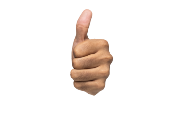 front view of male hand showing thumb up sign gesture isolated on white background
