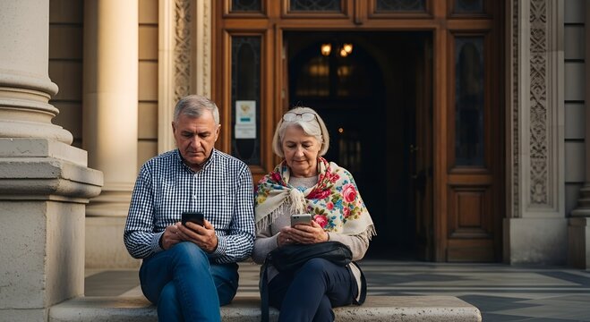 Elderly couple using smartphones while sitting outdoors on steps   - Powered by Adobe