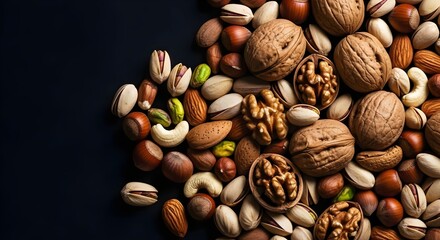 Mixed nuts on a dark background top view with copy space