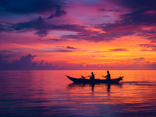 Obraz premium Silhouetted Fishermen Rowing Boat at Sunset