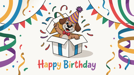 Obraz premium Animated Birthday Puppy in Box with Party Hat, Confetti and Colorful Streamers Overhead