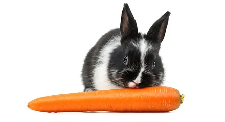Cute Black and White Bunny with Large Ears and Bright Eyes Next to Fresh Carrot on White Background
