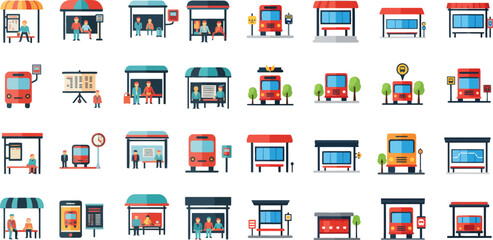 Colorful flat icons of bus stops, buses, passengers, and transit elements in modern design. Generative AI