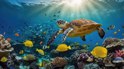 Sea Turtle Gliding Over a Vibrant Coral Reef