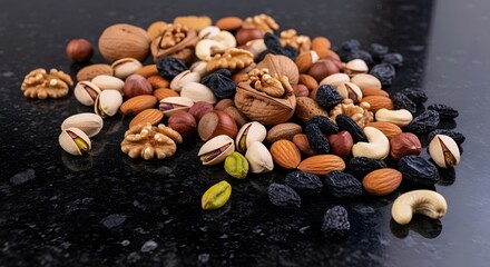 Mixed nuts on a dark surface
