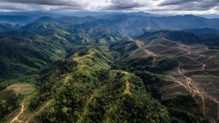 Deforested mountain ranges in aerial view