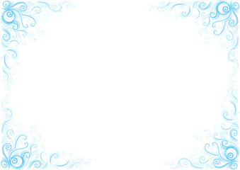 Obraz premium Frame. From the left and right sides there are patterns consisting of curls, thin delicate lines. Different shades of light blue. Drawing with colored pencils. White copy space. Elegant and delicate.