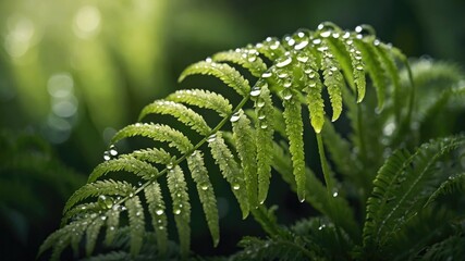 Fresh Green Fern Frond Covered in Water Droplets