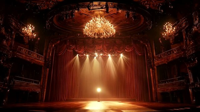 Empty stage of an ornate theatre with spotlights