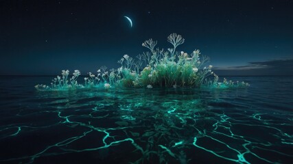 Tranquil Night Ocean Scene with Bioluminescent Water