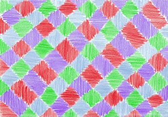 A pattern of uneven rhombuses shaded with colored pencils. Red, purple, green and blue colors. The colors alternate. The strokes have a vertical or horizontal direction. They form a ornament.