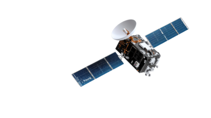 Satellite in Space: A modern satellite, designed for advanced data transmission and Earth observation, is meticulously captured in a photorealistic rendering.