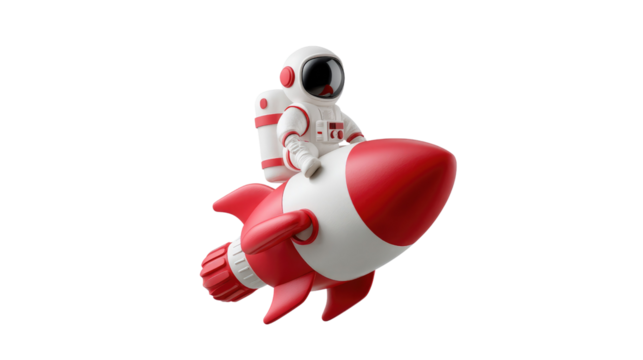 Astronaut's Celestial Journey: An astronaut soars through the cosmos aboard a vibrant red rocket, embodying adventure and the spirit of exploration.