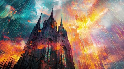 Dramatic gothic cathedral in a stormy, vibrant sky.