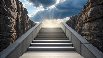 Modern Concrete Staircase Built into Rugged Stone Cliff and sunlight with Minimalist Design.

