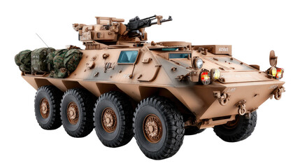 Fototapeta premium Armored Combat Vehicle: A formidable armored combat vehicle stands ready, embodying military power and technological prowess. The machine exhibits robust design and modern military engineering.