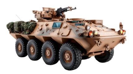 Armored Combat Vehicle: A formidable armored combat vehicle stands ready, embodying military power and technological prowess. The machine exhibits robust design and modern military engineering.