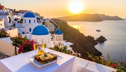Greek moussaka served with olive oil and feta, overlooking the blue-domed churches and white buildings of Santorini at sunset