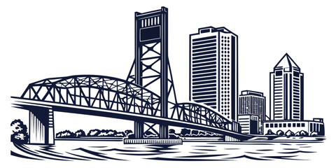 Florida City Vector: Jacksonville's Downtown, River & Famous Bridge