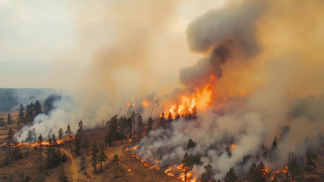 Intense wildfire burning across forest landscape with smoke and flames for environmental disaster reporting