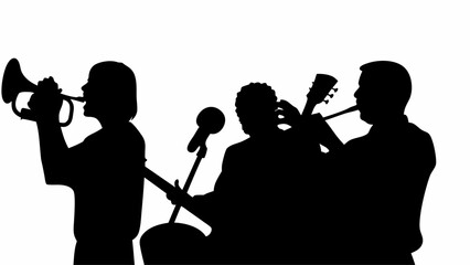 Silhouette of a jazz band performing with trumpet guitar microphone and other instruments on stage show