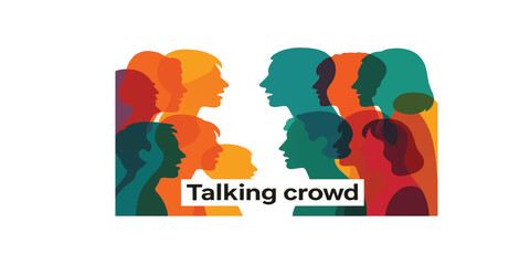 Print  Talking crowd. Dialogue between people. Colored silhouette profiles. People talking. Multiple exposure