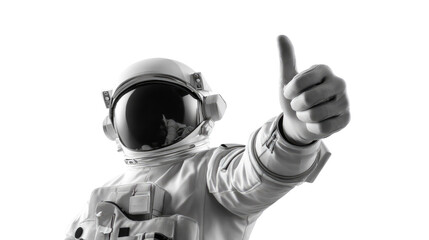 Astronaut Thumbs Up: A monochrome astronaut, clad in a space suit, gives a cheerful thumbs up, representing space exploration and human achievement in a photorealistic style. 