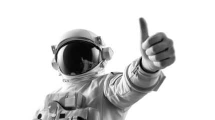 Astronaut Thumbs Up: A monochrome astronaut, clad in a space suit, gives a cheerful thumbs up, representing space exploration and human achievement in a photorealistic style. 