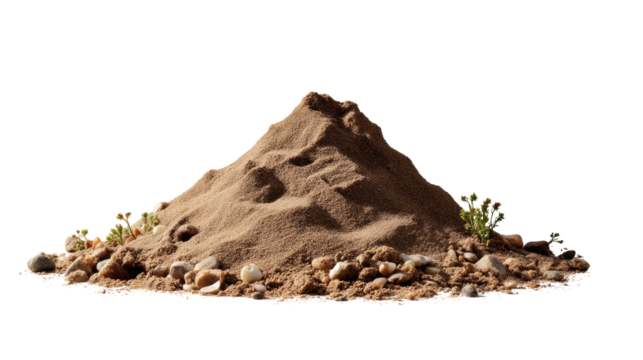 Pile of Sand: A detailed close-up of a meticulously formed mound of sand, meticulously capturing the textured surface, interspersed with pebbles, offering a serene and earthy aesthetic.