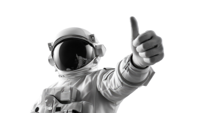 Astronaut Thumbs Up: A monochrome astronaut, clad in a space suit, gives a cheerful thumbs up, representing space exploration and human achievement in a photorealistic style.