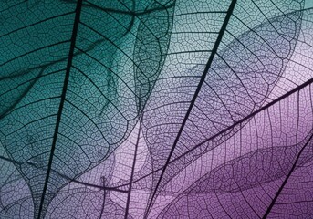 Closeup view of translucent skeletonized leaves with a gradient of teal and purple colors