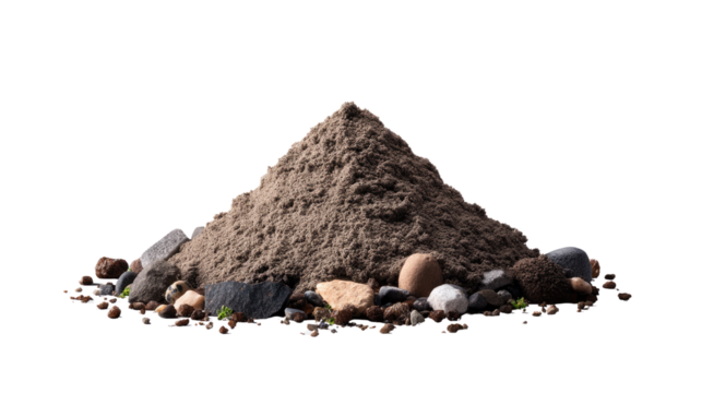 Pile of Dirt and Stones: A textured pile of earth, soil, and stones, showcasing natural shades and textures, forming a grounded, earthy visual