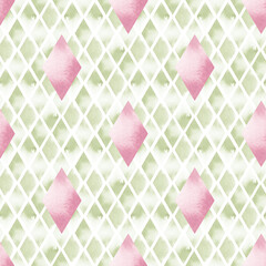 Pattern of rhombuses in green and pink colors watercolor illustration. Ornament of rhombuses in delicate spring colors. White diagonal grid on watercolor spots. Geometric abstract background