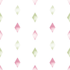 Rhombuses, green and pink seamless pattern watercolor illustration. Rhombus ornament in delicate spring colors. Abstract background of geometric shapes. Mosaic for textiles, wallpaper