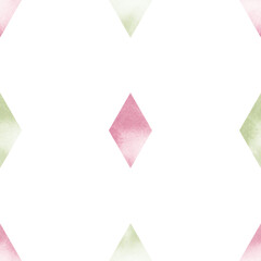 Rhombuses, green and pink seamless pattern watercolor illustration. Rhombus ornament in delicate spring colors. Abstract background of geometric shapes. Mosaic for textiles, wallpaper