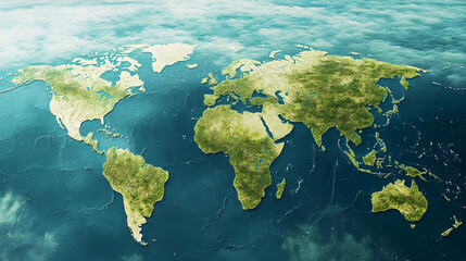 Global topographic map, showing continents, oceans, and landforms. Detailed view of Earth's surface