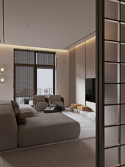 Contemporary living room with soft lighting, plush sofa, and textured walls, creating a calm, elegant atmosphere.